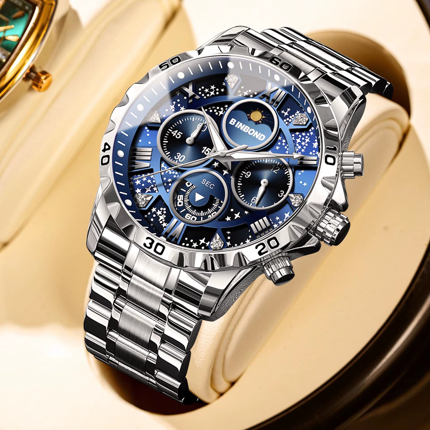 BINBOND Luxury Men'S Watches Sports Quartz Wrist Watch for Man Waterproof Stainless Steel Luminous Chronograph Date Moon Phase