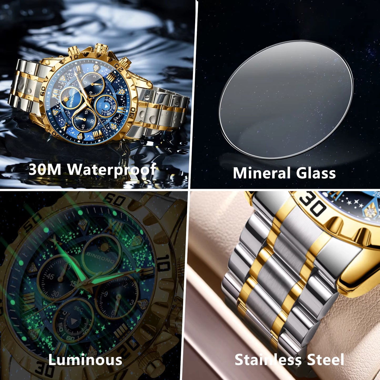 BINBOND Luxury Men'S Watches Sports Quartz Wrist Watch for Man Waterproof Stainless Steel Luminous Chronograph Date Moon Phase