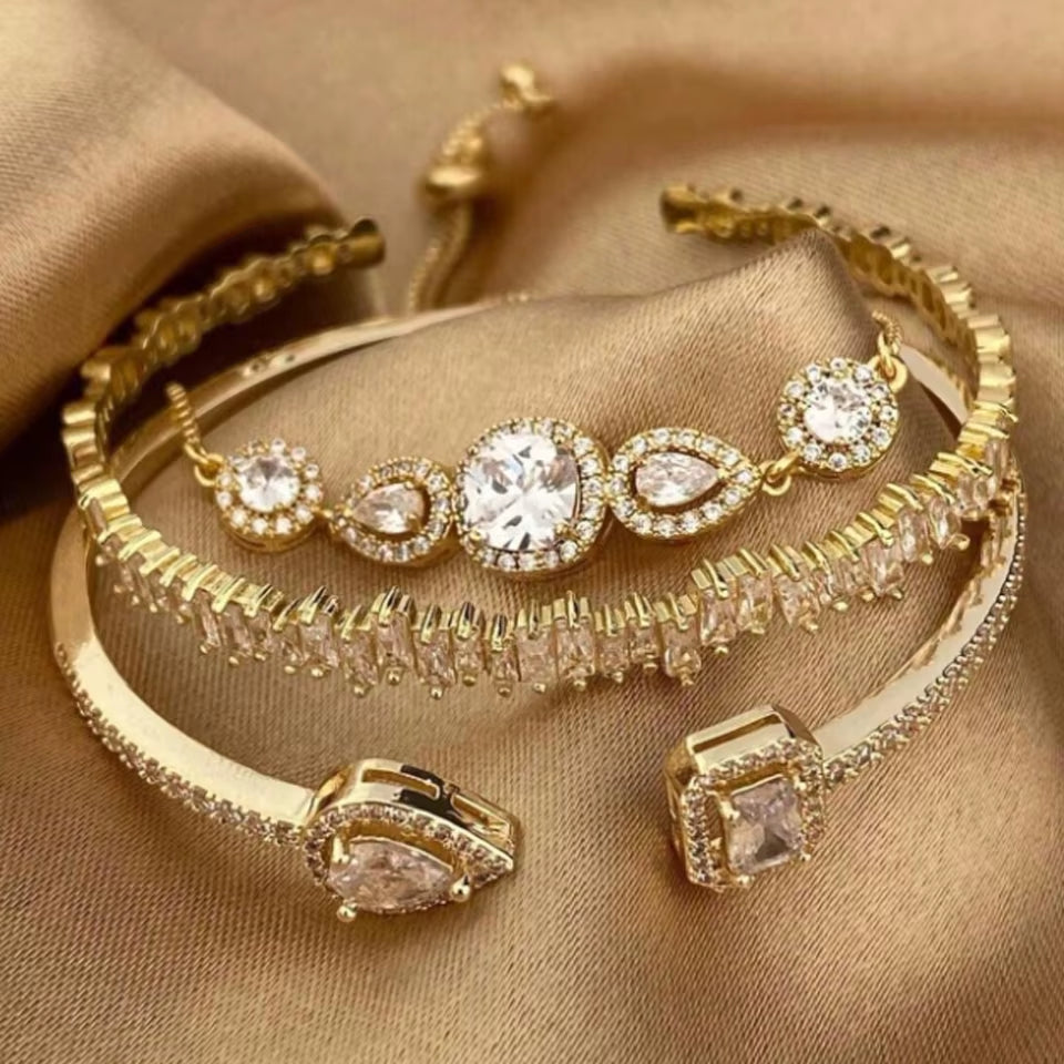 3Pcs AAA Cubic Zirconia Adjustable Open Bangle Bracelets for Women Men Luxury Shiny Geometric CZ Wedding Party Jewelry