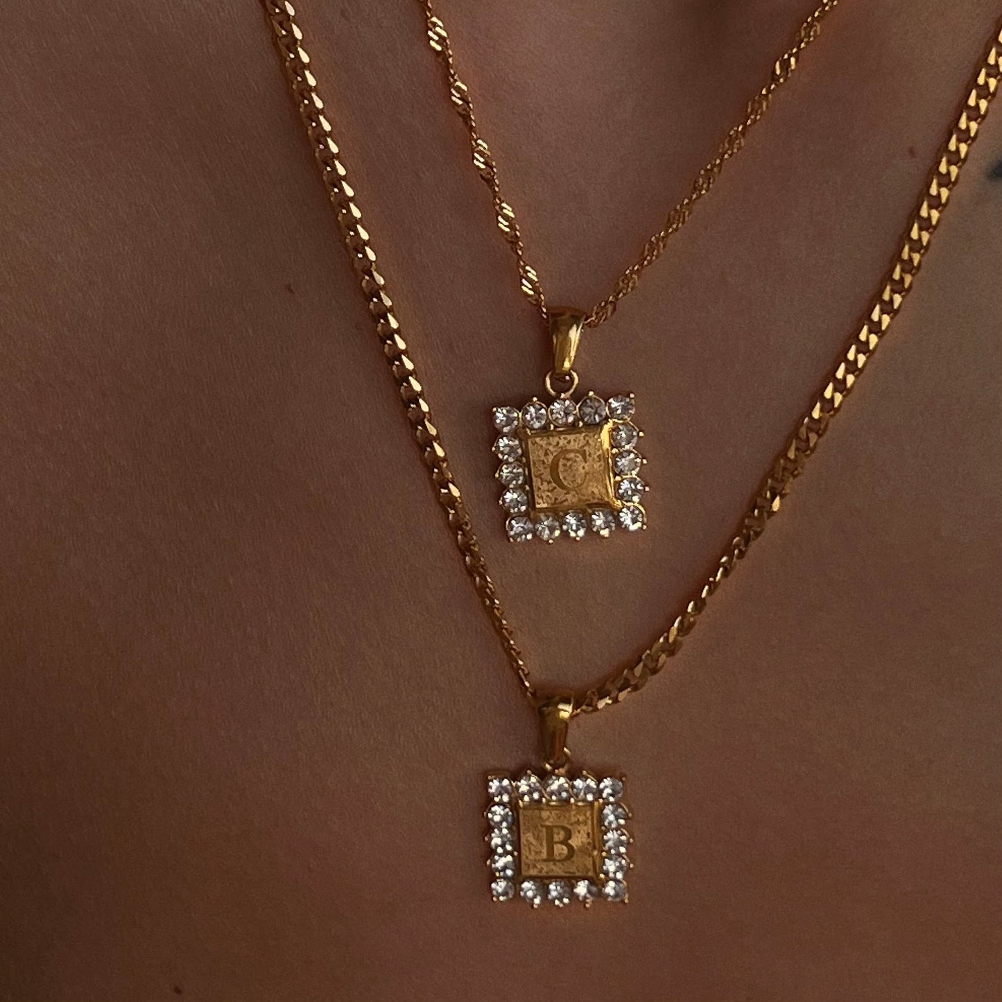 DASEIN 18K Gold Plated Stainless Steel Customized Letter Alphabet Iced Out Zircon Square Pendant Cuban Chain Necklace Women