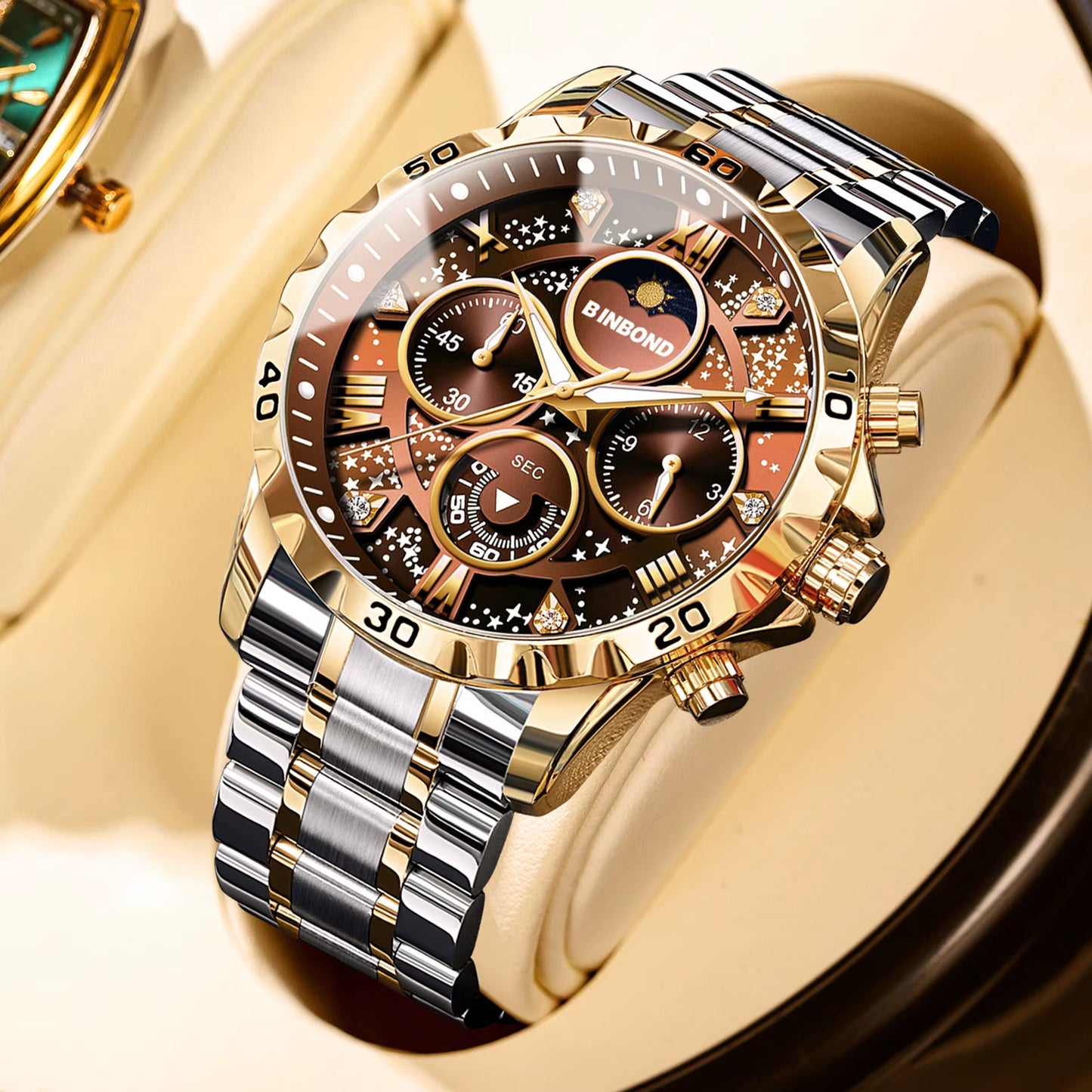 BINBOND Luxury Men'S Watches Sports Quartz Wrist Watch for Man Waterproof Stainless Steel Luminous Chronograph Date Moon Phase