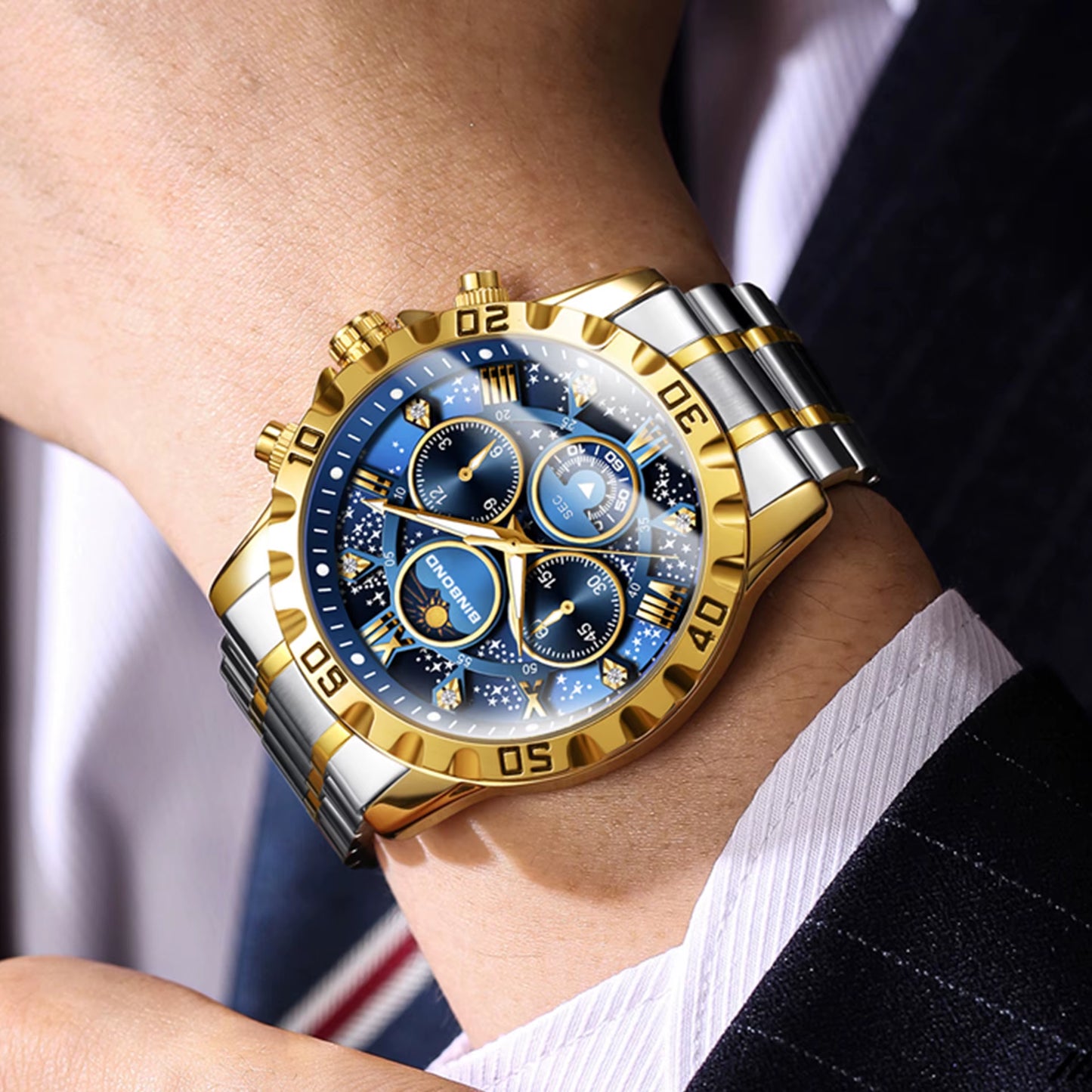 BINBOND Luxury Men'S Watches Sports Quartz Wrist Watch for Man Waterproof Stainless Steel Luminous Chronograph Date Moon Phase