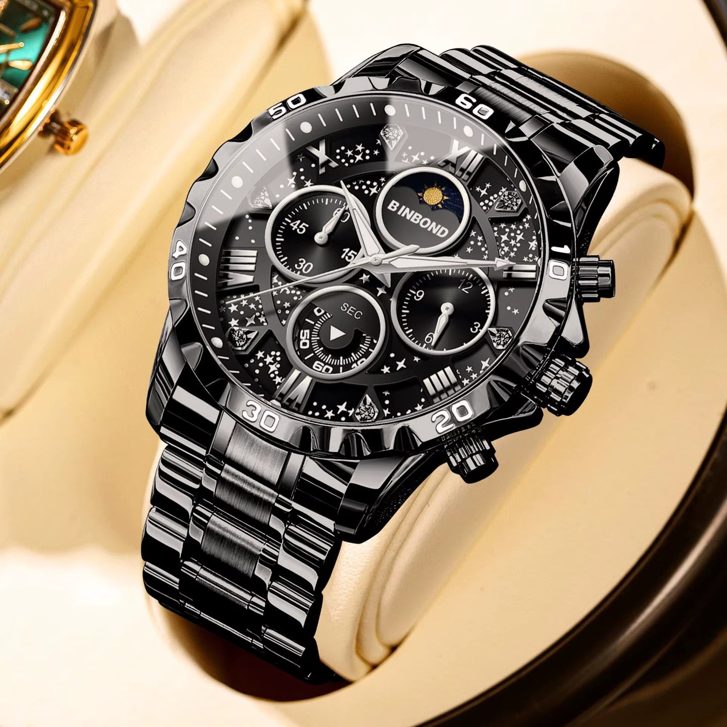 BINBOND Luxury Men'S Watches Sports Quartz Wrist Watch for Man Waterproof Stainless Steel Luminous Chronograph Date Moon Phase