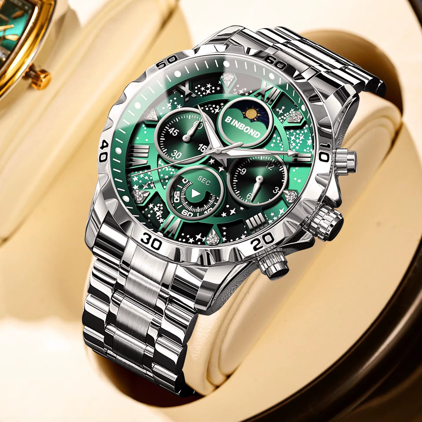 BINBOND Luxury Men'S Watches Sports Quartz Wrist Watch for Man Waterproof Stainless Steel Luminous Chronograph Date Moon Phase