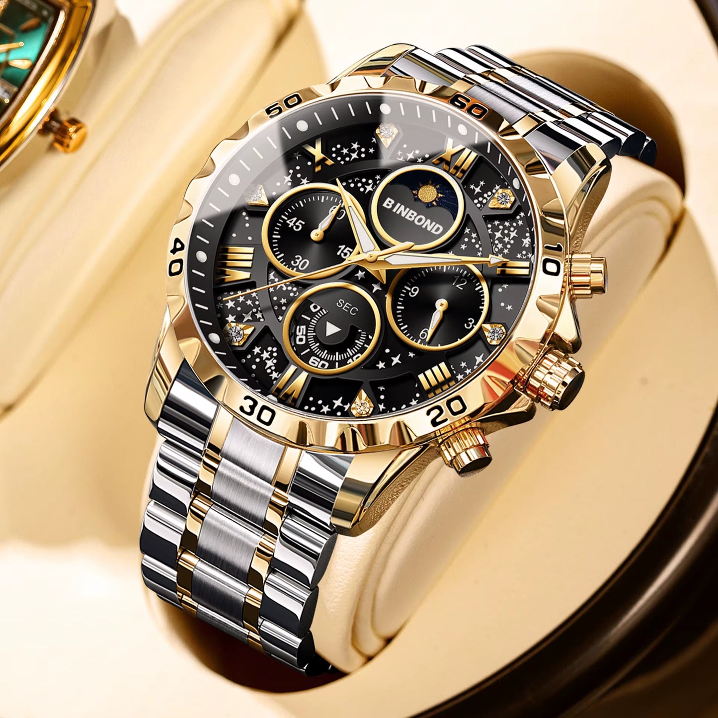 BINBOND Luxury Men'S Watches Sports Quartz Wrist Watch for Man Waterproof Stainless Steel Luminous Chronograph Date Moon Phase