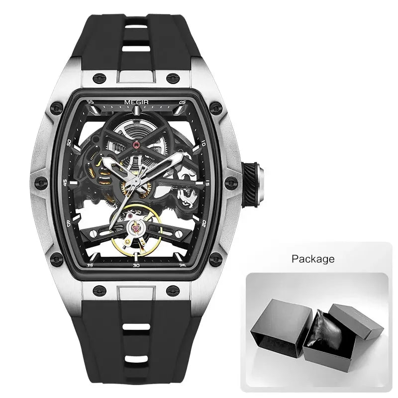 2242 Mechanical Watch for Men Fashion Military Sport Analog Automatic Wristwatch with White Silicone Strap Tonneau Dial