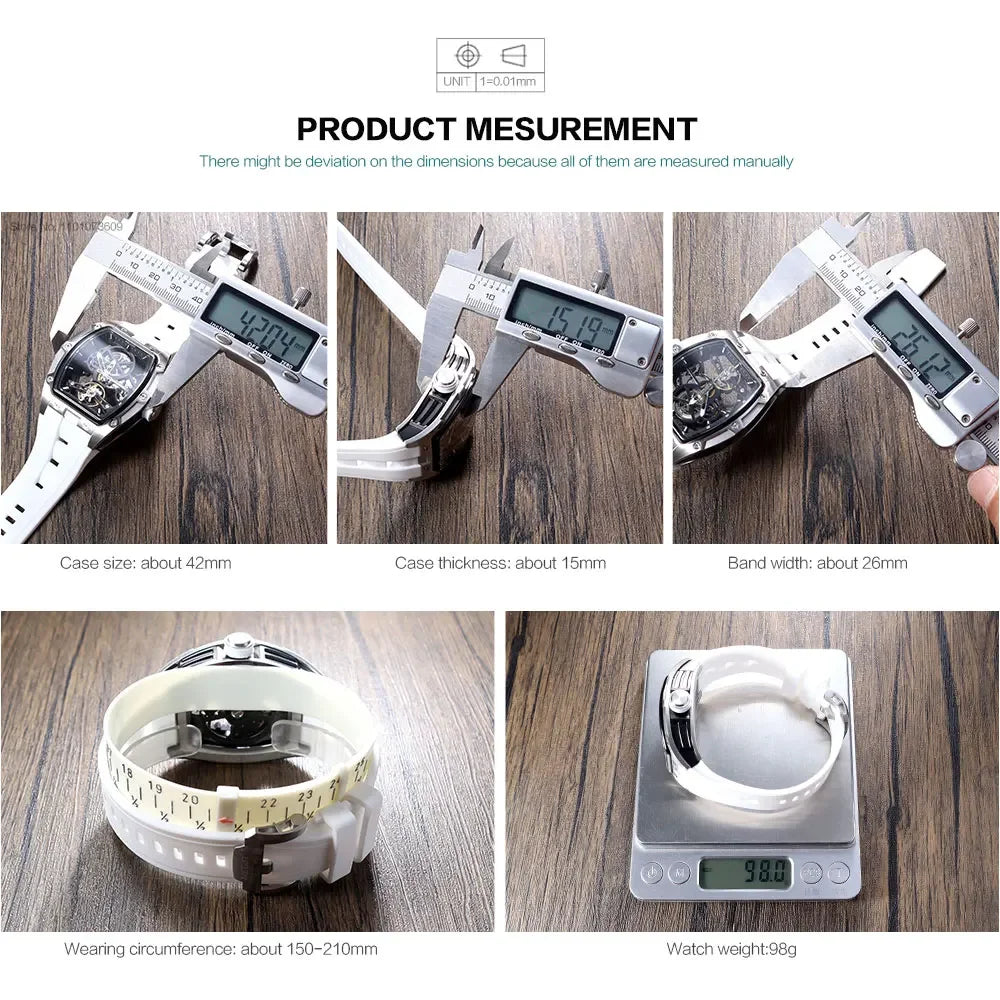 2242 Mechanical Watch for Men Fashion Military Sport Analog Automatic Wristwatch with White Silicone Strap Tonneau Dial