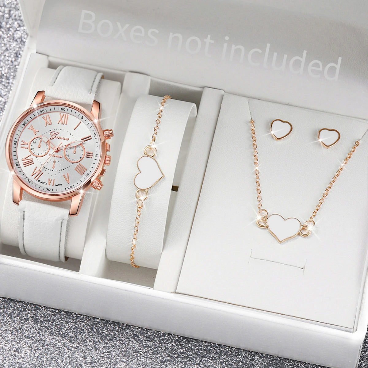 5/6PCS Fashion Women'S Quartz Watch Leather Band Analog Wrist Watches Heart Rhinestone Jewelry Set(Without Box)