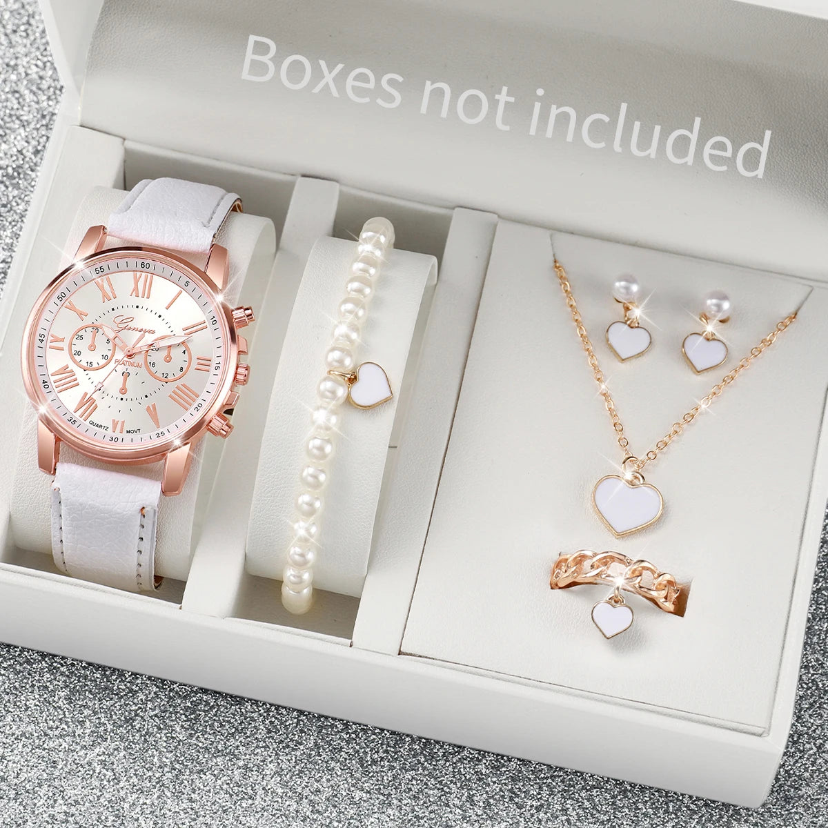 5/6PCS Fashion Women'S Quartz Watch Leather Band Analog Wrist Watches Heart Rhinestone Jewelry Set(Without Box)