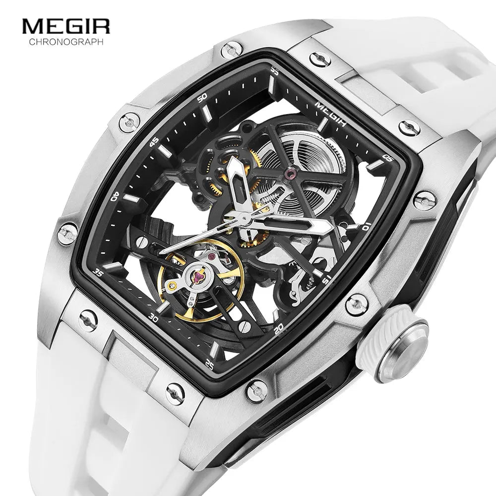 2242 Mechanical Watch for Men Fashion Military Sport Analog Automatic Wristwatch with White Silicone Strap Tonneau Dial
