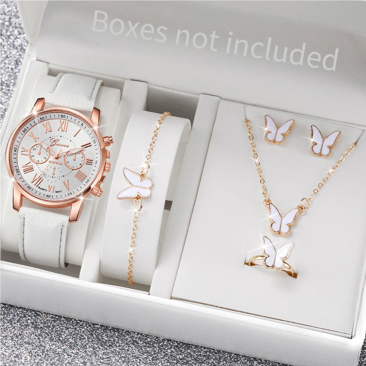 5/6PCS Fashion Women'S Quartz Watch Leather Band Analog Wrist Watches Heart Rhinestone Jewelry Set(Without Box)