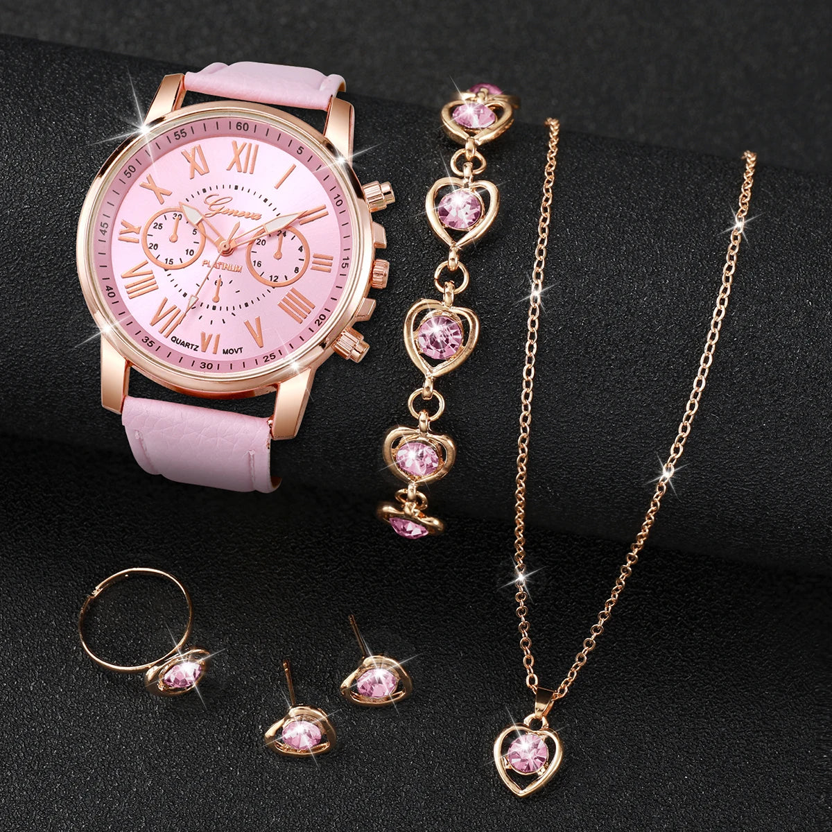 5/6PCS Fashion Women'S Quartz Watch Leather Band Analog Wrist Watches Heart Rhinestone Jewelry Set(Without Box)