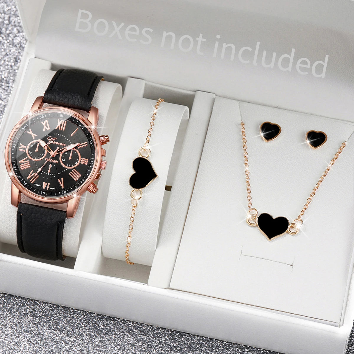 5/6PCS Fashion Women'S Quartz Watch Leather Band Analog Wrist Watches Heart Rhinestone Jewelry Set(Without Box)