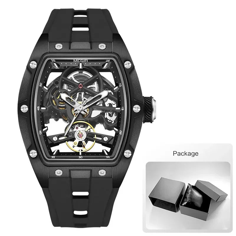 2242 Mechanical Watch for Men Fashion Military Sport Analog Automatic Wristwatch with White Silicone Strap Tonneau Dial