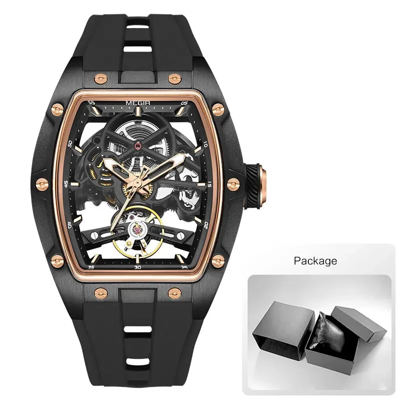 2242 Mechanical Watch for Men Fashion Military Sport Analog Automatic Wristwatch with White Silicone Strap Tonneau Dial