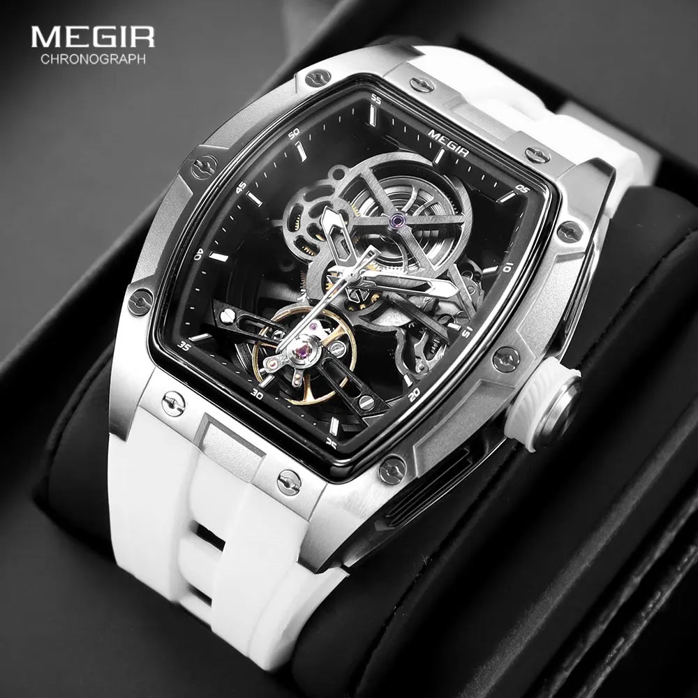 2242 Mechanical Watch for Men Fashion Military Sport Analog Automatic Wristwatch with White Silicone Strap Tonneau Dial