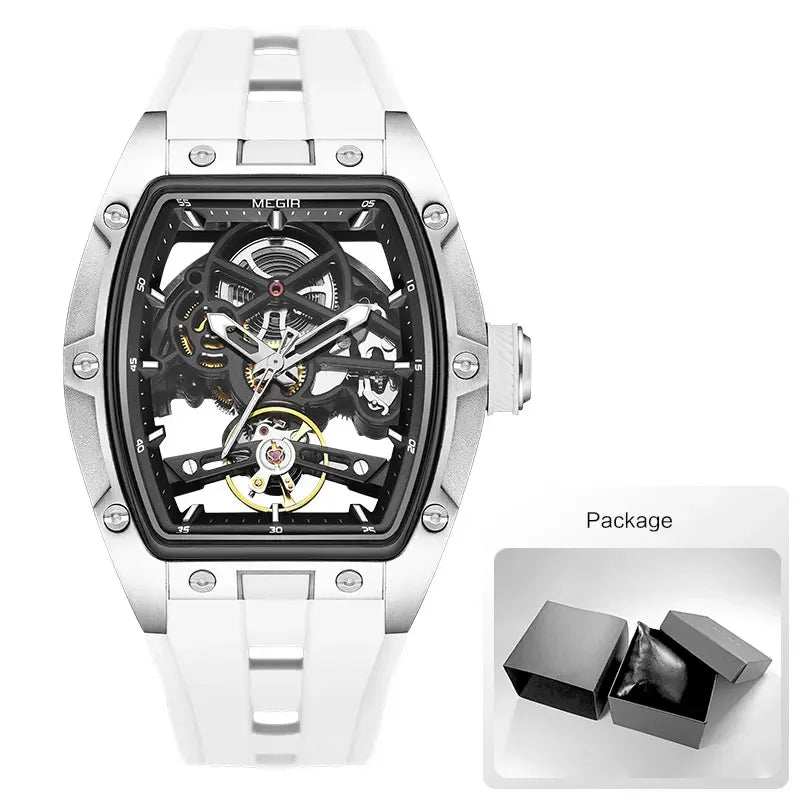 2242 Mechanical Watch for Men Fashion Military Sport Analog Automatic Wristwatch with White Silicone Strap Tonneau Dial