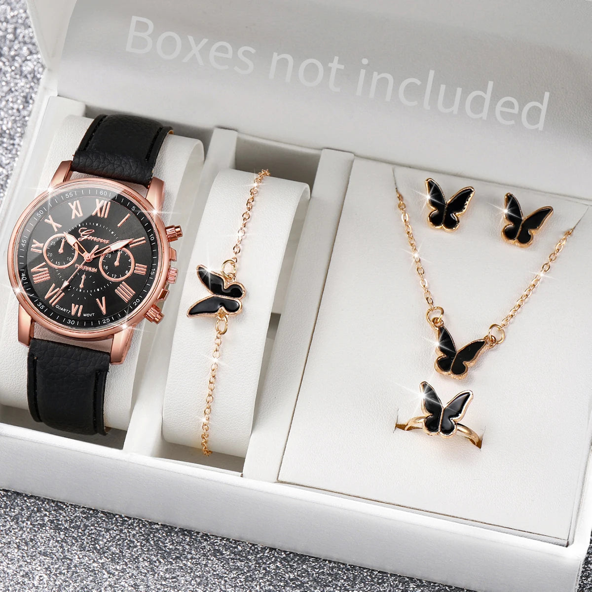 5/6PCS Fashion Women'S Quartz Watch Leather Band Analog Wrist Watches Heart Rhinestone Jewelry Set(Without Box)