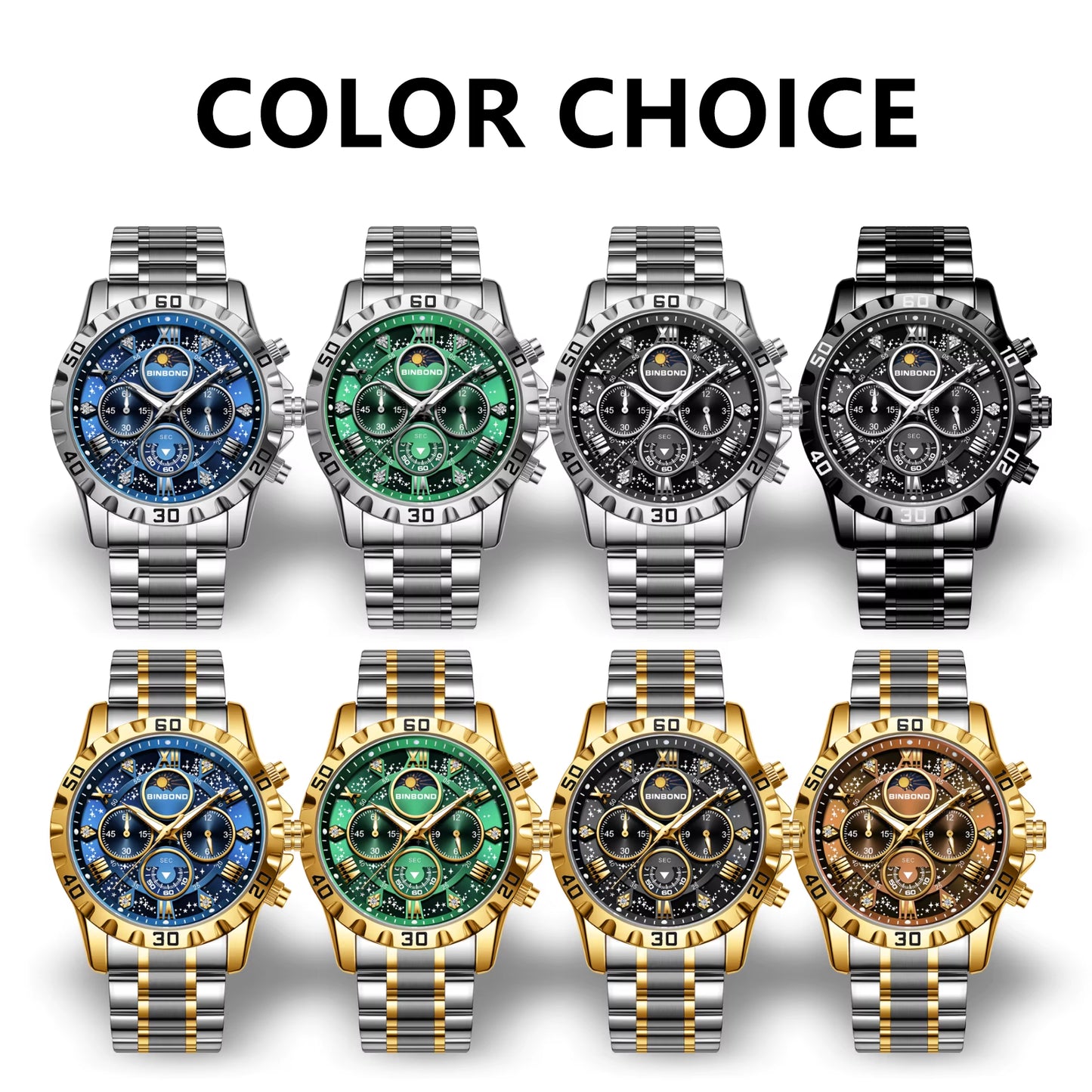 BINBOND Luxury Men'S Watches Sports Quartz Wrist Watch for Man Waterproof Stainless Steel Luminous Chronograph Date Moon Phase