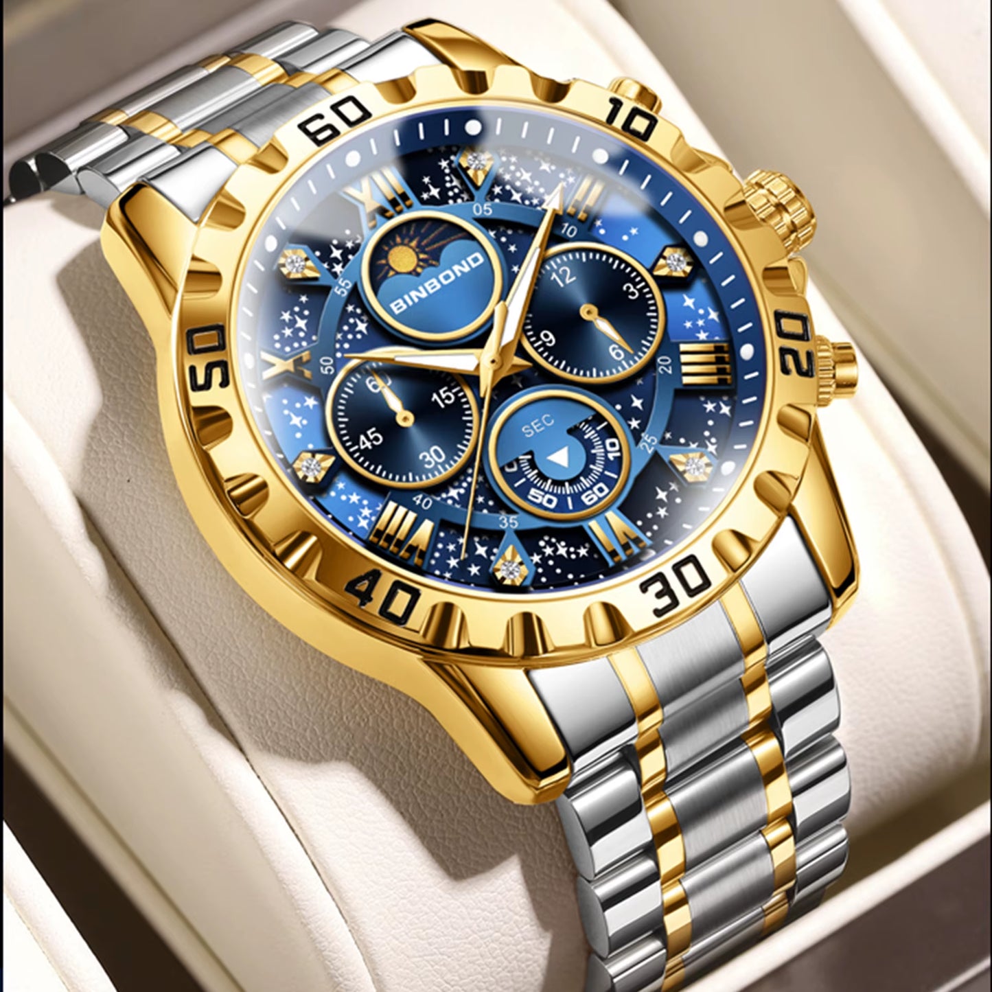 BINBOND Luxury Men'S Watches Sports Quartz Wrist Watch for Man Waterproof Stainless Steel Luminous Chronograph Date Moon Phase