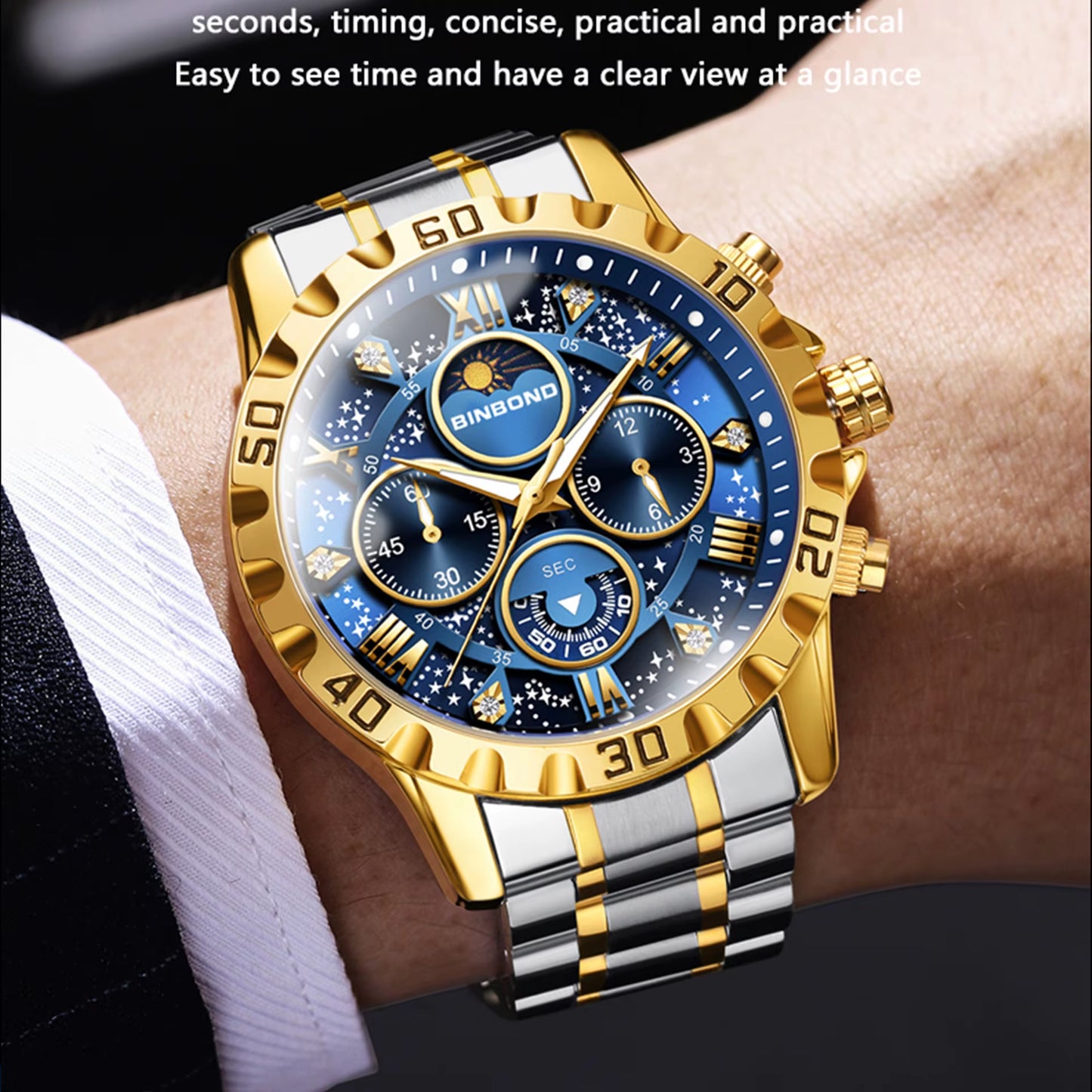 BINBOND Luxury Men'S Watches Sports Quartz Wrist Watch for Man Waterproof Stainless Steel Luminous Chronograph Date Moon Phase