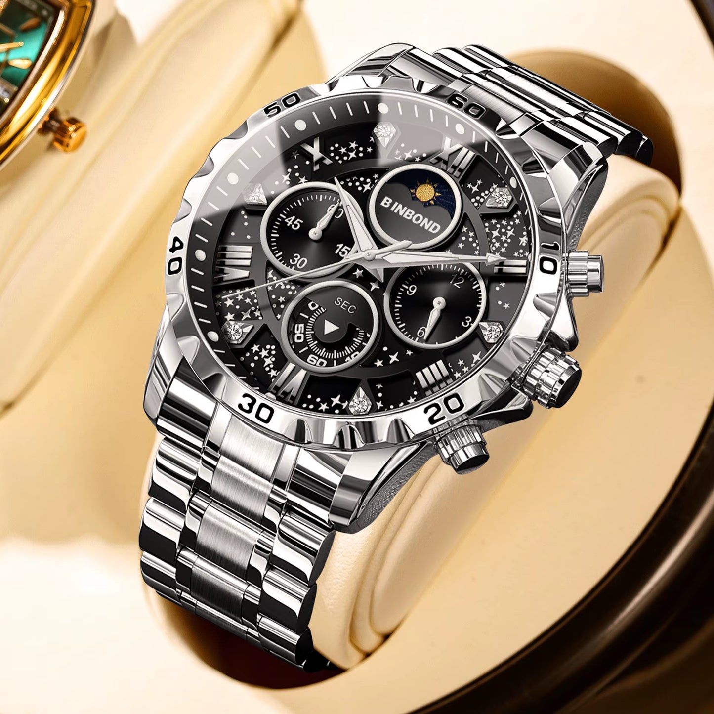 BINBOND Luxury Men'S Watches Sports Quartz Wrist Watch for Man Waterproof Stainless Steel Luminous Chronograph Date Moon Phase