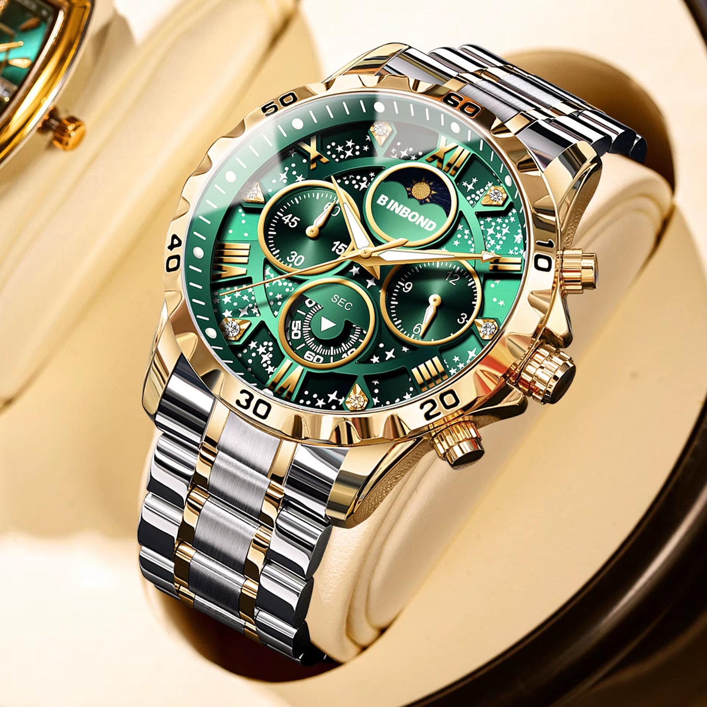BINBOND Luxury Men'S Watches Sports Quartz Wrist Watch for Man Waterproof Stainless Steel Luminous Chronograph Date Moon Phase