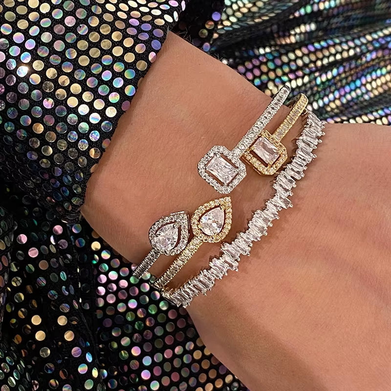 3Pcs AAA Cubic Zirconia Adjustable Open Bangle Bracelets for Women Men Luxury Shiny Geometric CZ Wedding Party Jewelry