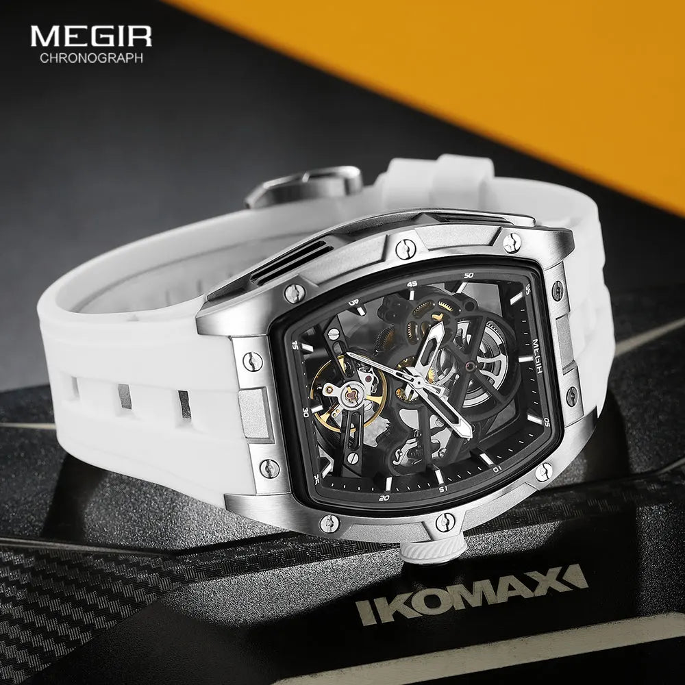 2242 Mechanical Watch for Men Fashion Military Sport Analog Automatic Wristwatch with White Silicone Strap Tonneau Dial