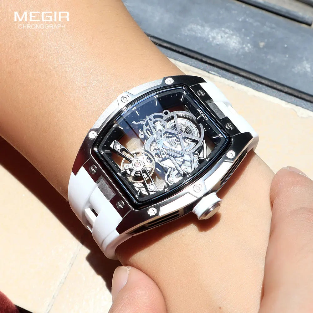 2242 Mechanical Watch for Men Fashion Military Sport Analog Automatic Wristwatch with White Silicone Strap Tonneau Dial